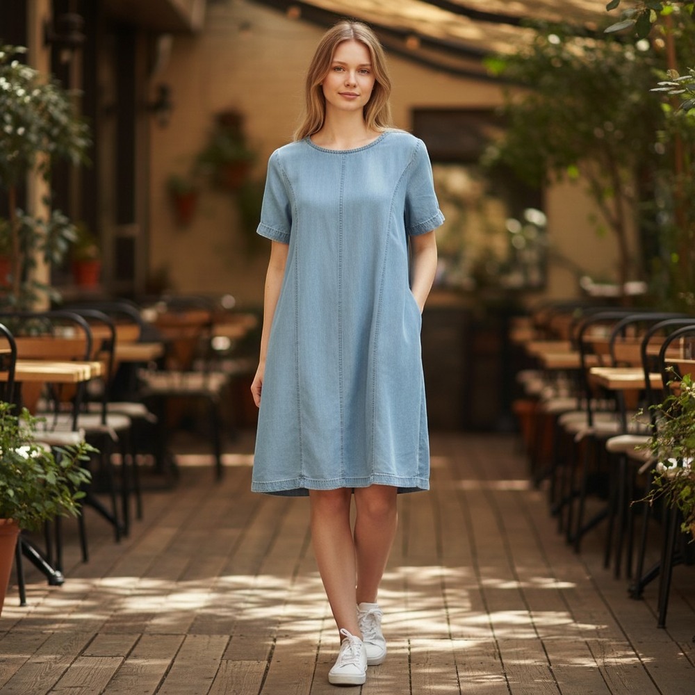 Cottonworld Denim Shirt Dress S Midi Blue Pockets Lagenlook Relaxed Boxy Casual